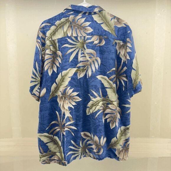 Batik Bay Silk Blue Green Brown Leaves Hawaiian Camp Shirt Size XL Breezy Tropic - Picture 2 of 3